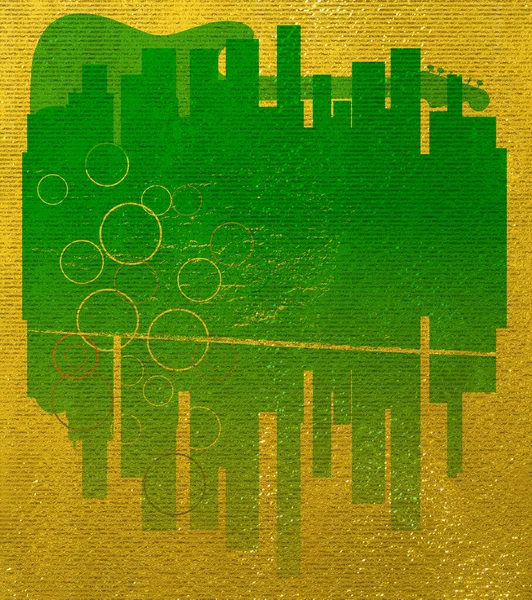Zöld Fakó Városkép Egy Halvány Elektromos Gitár Egy Arany Háttér — Stock Fotó