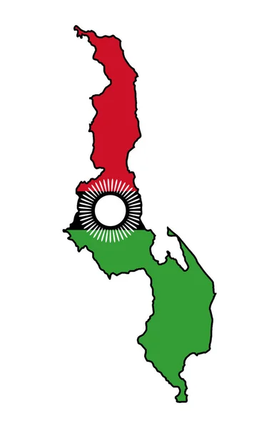 Malawi Umreißt Silhouettenkarte Auf Weißem Hintergrund Mit Eingesetzten Flaggensymbolen — Stockvektor