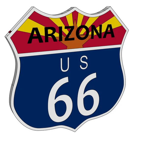 在白色背景上的66号公路交通标志和亚利桑那州的州名3D — 图库矢量图片