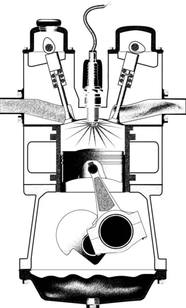 白色4冲锋式发动机的切线铅笔画图 — 图库照片