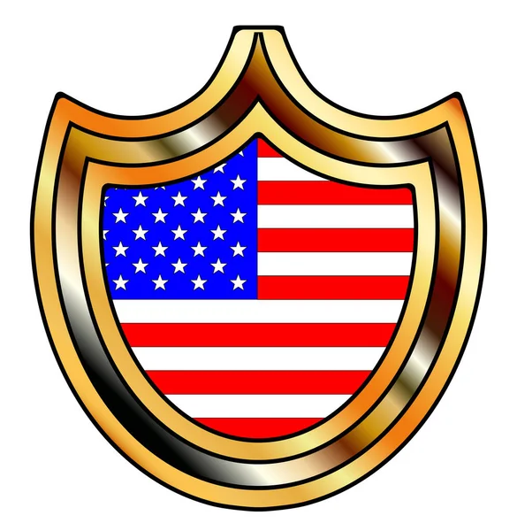 白い背景にアメリカの星とストライプの旗を挿入する典型的な金属シールド — ストックベクタ