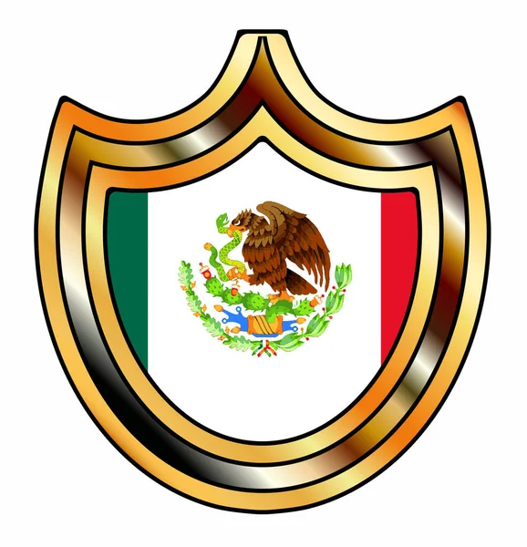 白地にカエデの葉でメキシコの旗を挿入する典型的な金属シールド — ストックベクタ