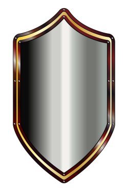 Beyaz arka planda izole edilmiş eski bir şövalyenin tipik metal kalkanı.