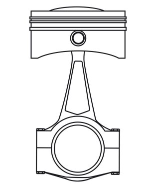 Benzin ya da dizel motordan bir pistonun çizgi çizimi, konektör çubuğu beyaz arka planda izole edilmiş.