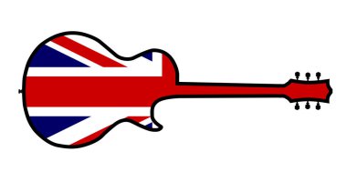 Geleneksel gitar şekilli siluetler, Union Jack bayrak girişli beyaz bir arkaplan üzerinde izole edilmiş