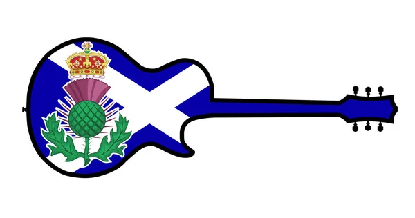 传统的吉他形状轮廓 独立在白色背景上 苏格兰国旗的花柱图案镶嵌在中间 — 图库矢量图片