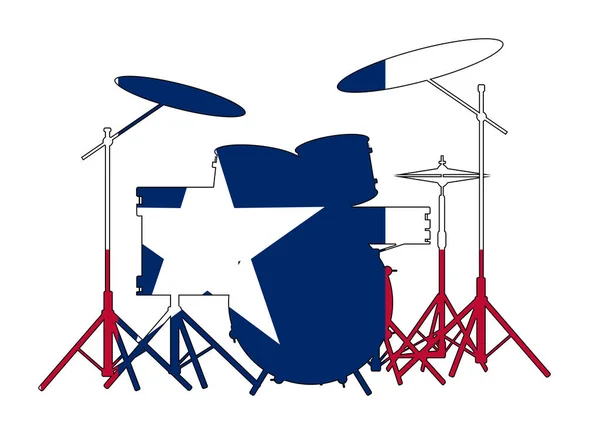 Sylwetka Zespołu Rockowego Perkusja Odizolowana Biało Środku Flagą Texan Flag — Wektor stockowy