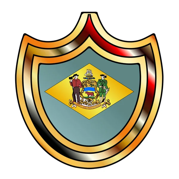 典型的金属护盾 镶嵌在特拉华州白底旗图标上 — 图库矢量图片