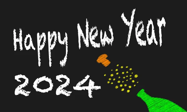 Blackboard 2024 Happy New Year Message Bursting Bottle Bubbly — Stock Vector