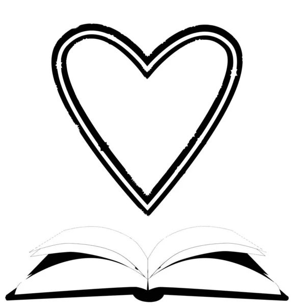 Egy Nyitott Könyv Fekete Fehér Fehér Háttérrel Szerelmes Olvasó Szívvel — Stock Vector