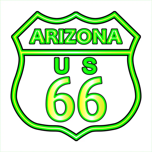 明るい緑のルート66白い背景と州名アリゾナ州上の交通標識 — ストックベクタ