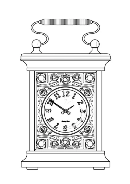 Black White Line Drawing Traditional Carriage Clock Isolated White — Stock Vector