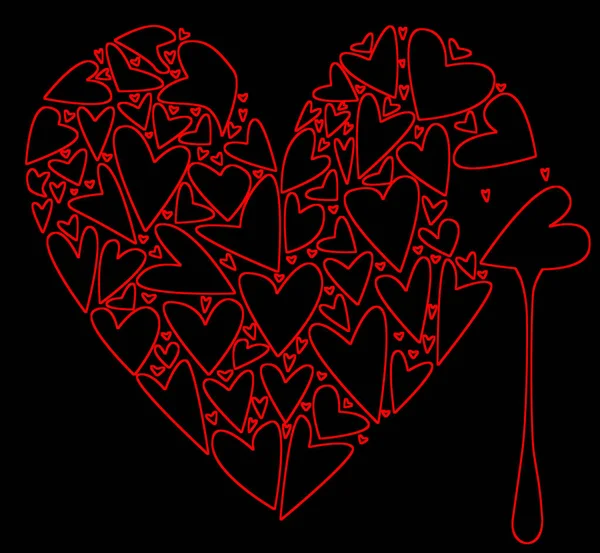 Duży Zarys Czerwonej Linii Serca Składa Się Kilku Mniejszych Serc — Zdjęcie stockowe