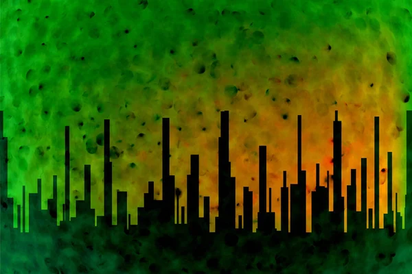 Stadsbild Grunge Grön Med Grön Himmel Med Belysning Som Ett — Stockfoto
