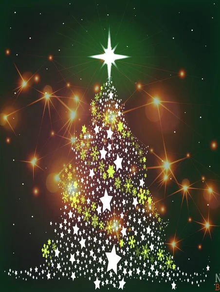 雪の結晶と明るい光の背景を持つ星から作られたクリスマスツリー — ストック写真