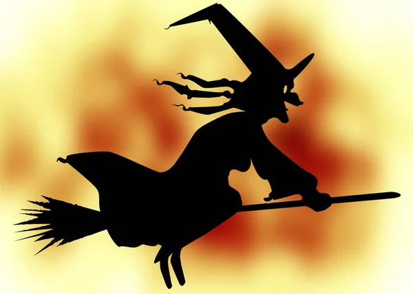 一个女巫 拿着她的扫帚在金色的天空中飞舞 — 图库照片