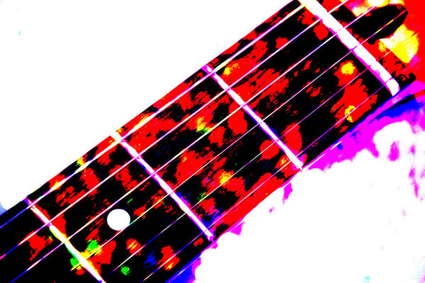 The top few frets on a guitar with heavy and bright grungy FX