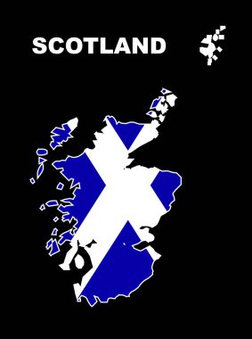 Siluet siluet ana hatları İskoçya 'nın bir kısmı Birleşik Krallık' ın siyah bir arkaplan üzerinde inset bayrağı