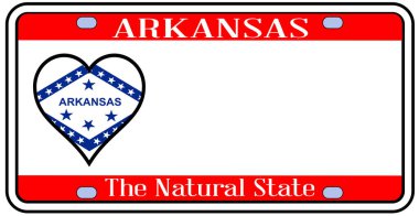 Arkansas eyalet plakası, beyaz bir arka planda aşk ikonlarıyla eyalet bayrağı renginde.