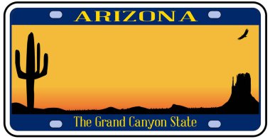 Arizona eyaletinin plakası, beyaz arka planda çöl simgeleri olan eyalet bayrağı renginde.