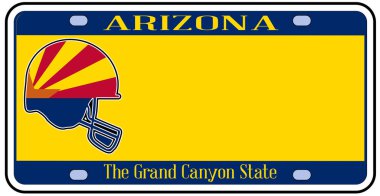 Arizona eyalet plakalı, beyaz arka planda bayrak simgeleriyle eyalet bayrağı renginde.