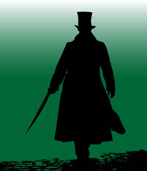 Jack the Ripper with long blade in silhouette over a green background.