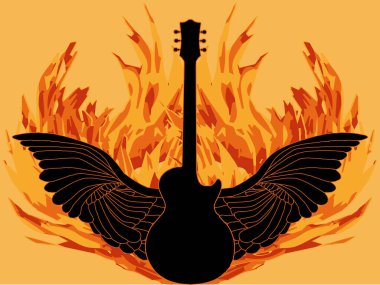 Siyah siluet kanatlı elektro gitar seti aan turuncu alev karikatür tarzı arka plan