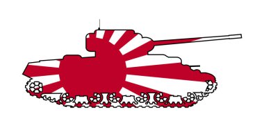 Tipik Japon savaş tankının ana hatları. Japon yükselen güneş bayrağı simgeleri ve renkleri beyaz arka planda izole edilmiş.