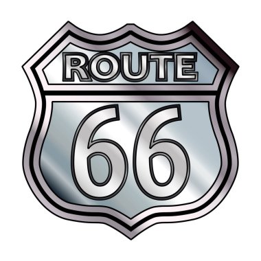Beyaz arka plan ve efsanevi ROUTE 66 üzerinde gümüş renkli 66. yol işareti.