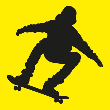 Sarı arka planda siyah siluetli kaykaycı.