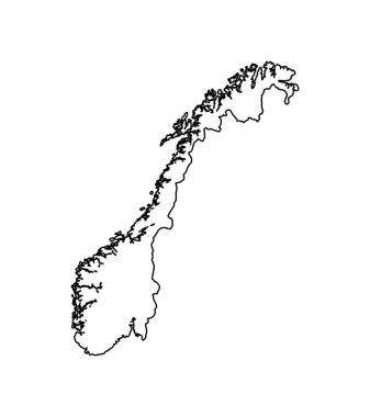 Outline silhouette map of Norway over a white background
