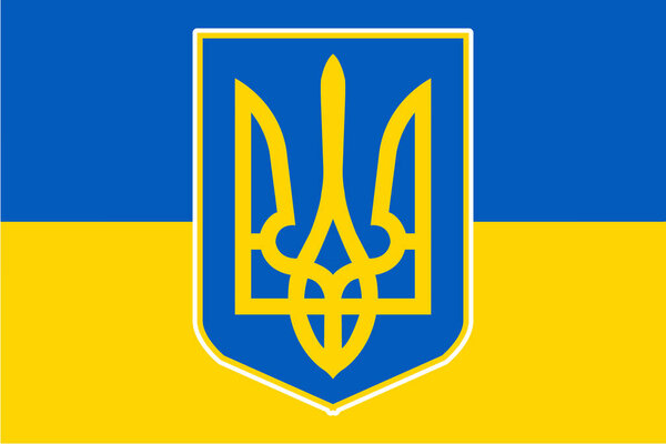 The flag of Ukraine in blue and yellow stripes with the national coat of armss trident emblem inset