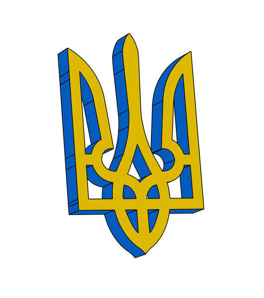 The Coat of Arms trident icon of Ukraine in blue and yellow and 3D