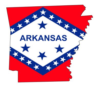 Arkansas 'ın beyaz arkaplan üzerinde bayrak girişli resmi haritası ana hatları