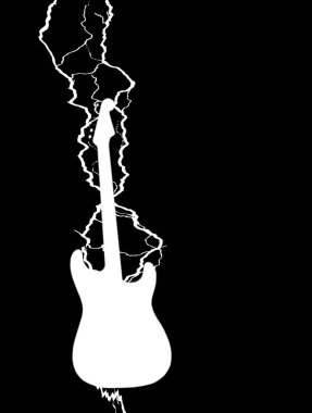Siyah bir arka planda beyaz siluetle yıldırım çarpmış bir elektro gitara.