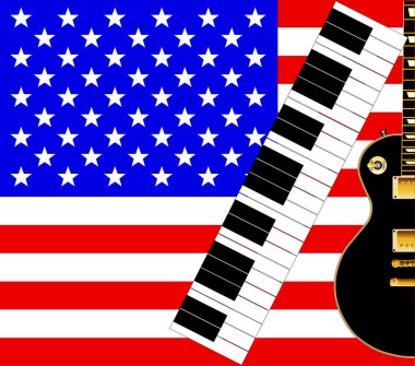 Siyah-beyaz piyano tuşları, ABD Stars and Stripes marka gitar arka planına ayarlı..