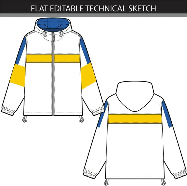 Hooded jacket, technical drawing, with long sleeves, oversized body, long sleeves, Flat apparel template front, back, white color style. Women, men, unisex CAD mockup