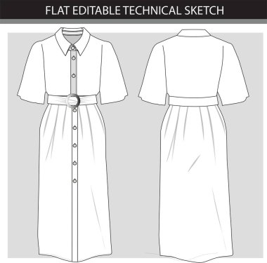 Plaket düğmeli gömlek, uzun elbise ve düz çizim..