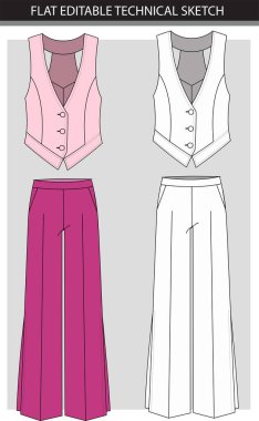 Set of women's pants and blouse with waist coat, flat sketch illustration. clipart