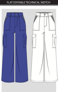 Pantolon Geniş Bacak Teknik Moda Çizimi Düzleştirilebilir Teknik Taslak Düz Alt Şablon Önde, Arkasında, Beyaz Renk Biçimi. Kadınlar, erkekler, unisex CAD modeli