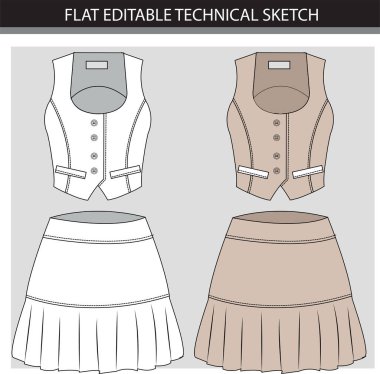 Bir Yelek ve Etek Giysisinin Düz Düzenlenebilir Teknik Çizimi