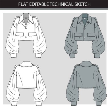 Kabarık Kollu Kırpılmış Ceketin Düz Düzenlenebilir Teknik Çizimi