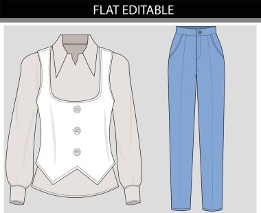 Zarif Kadın Kıyafeti Flat Resimli Bluz, Yelek ve Pantolon