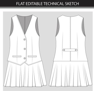 Pileli etekli kolsuz bir elbisenin teknik çizimi.