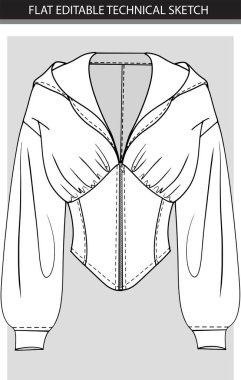 Kabarık Kollu Korse Bluzunun Düz Düzenlenebilir Teknik Çizimi