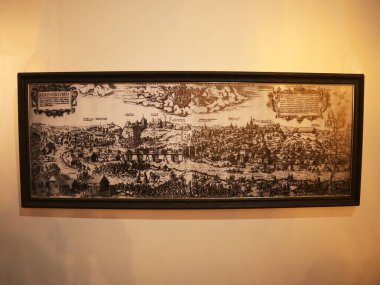 Antika Şehir Haritası Eski Şehrin Panoramik Görünümü, Siyah ve Beyaz İşleme