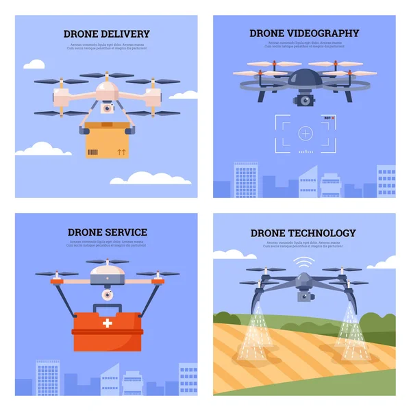 Drone delivery and industrial technologies banners collection, flat vector illustration. Posters showing usage of drone wireless helicopter for delivery and surveillance.