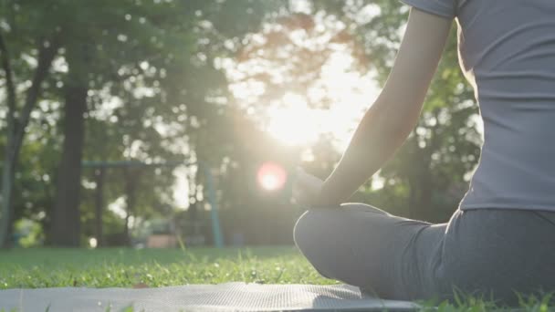 Kobieta Praktykująca Medytację Parku Azjatka Ćwiczy Rano Równowaga Rekreacja Relaks — Wideo stockowe