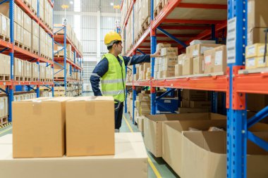 Asyalı erkek fabrika müdürü depodaki veya envanterdeki malları inceler ve stok ürünlerini kontrol eder. Lojistik ticaret nakliyesi, bir nakliye şirketi aracılığıyla müşterilere teslimat. denetleme