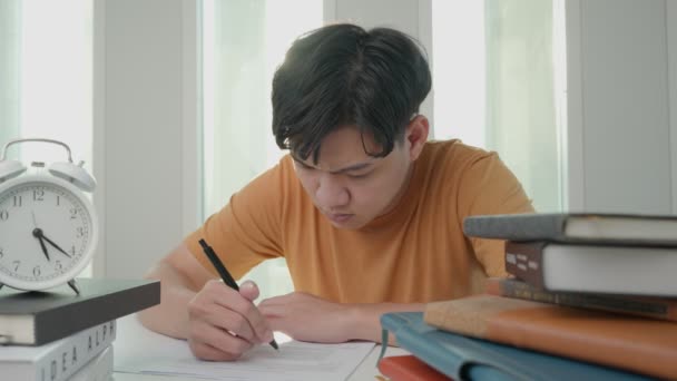 Asian Student Man Have Anxiety Because Exams Male Prepare Test — Stock Video